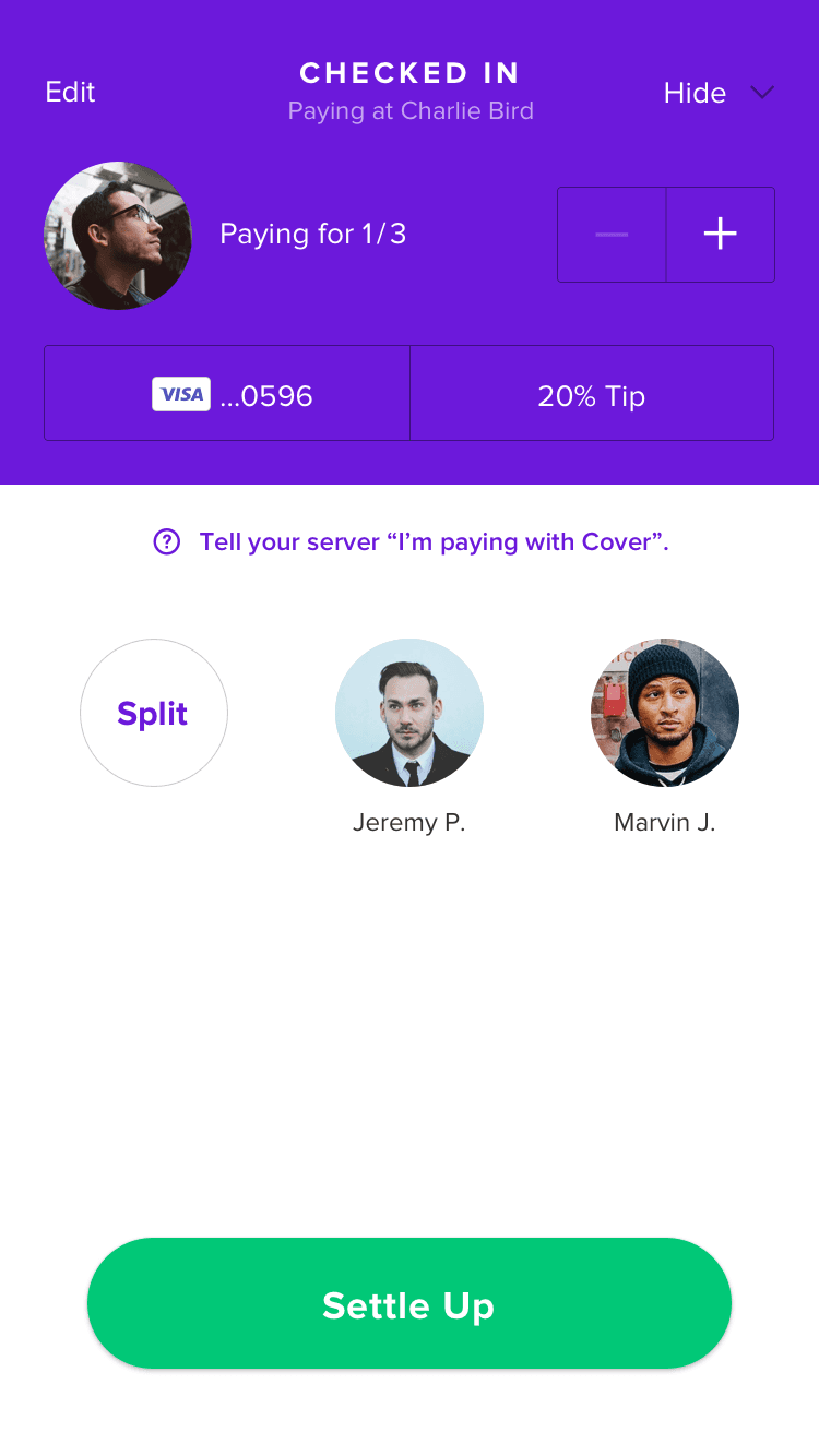 A screenshot of Cover 2.0's settling up flow
