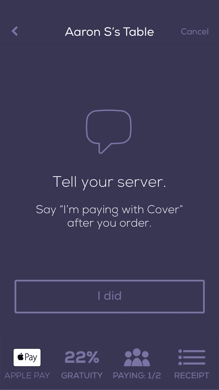 A screenshot of a Cover 1.0's in-meal screen
