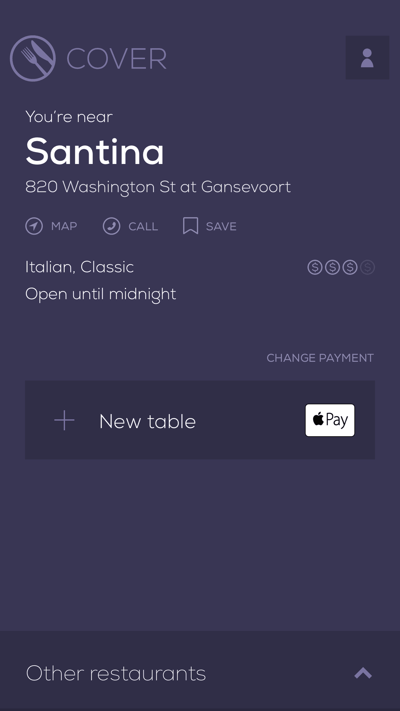 Screenshot of checking into a restaurant in Cover 1.0