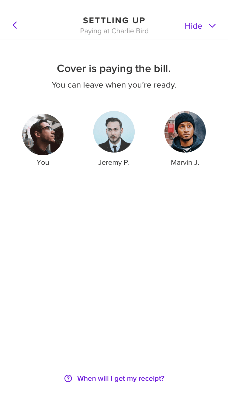 A screenshot of Cover 2.0's settling up flow