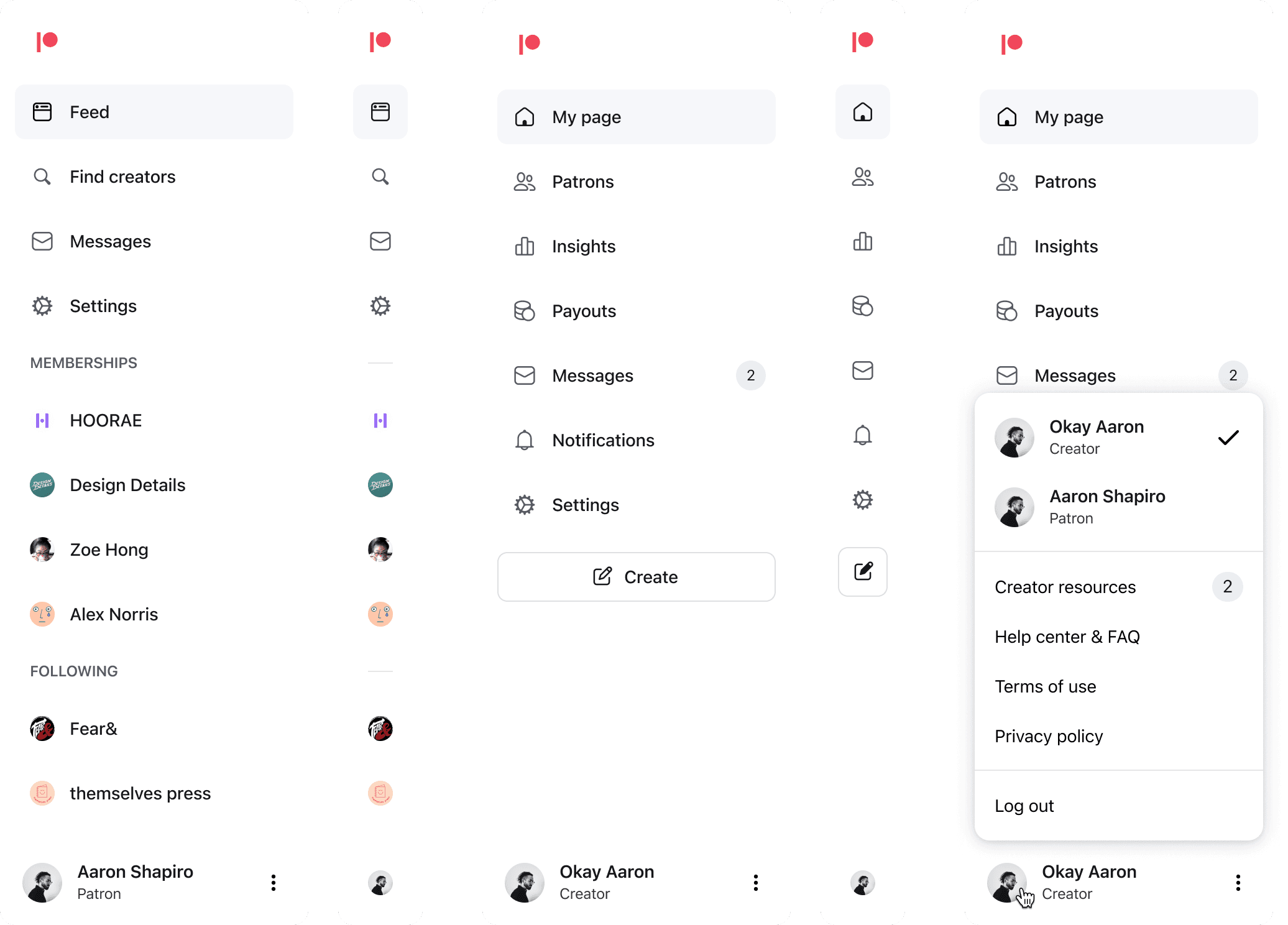 Collage of some configurations of the navigation component on desktop
