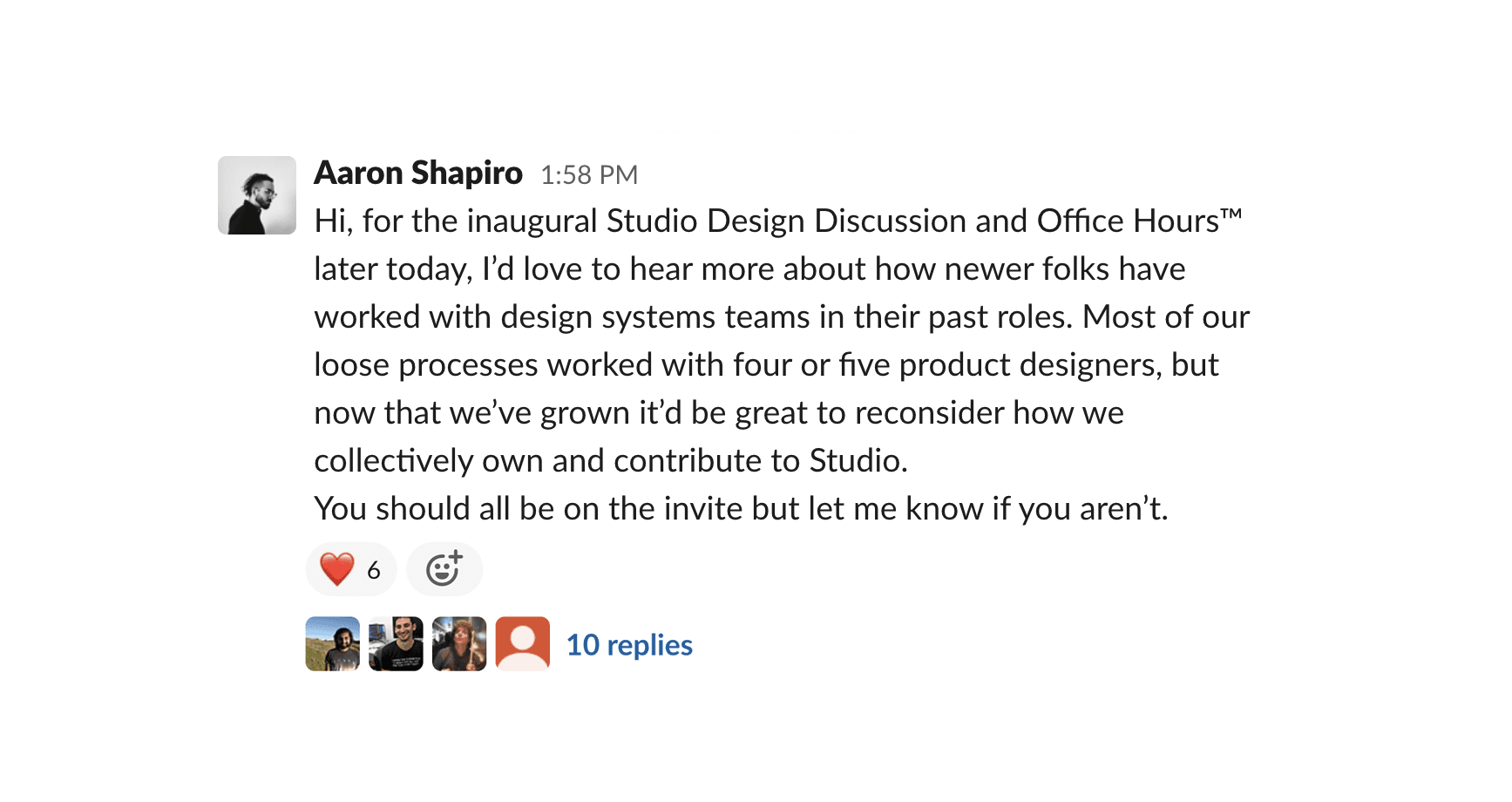 Screenshot of the design system office hours in Slack
