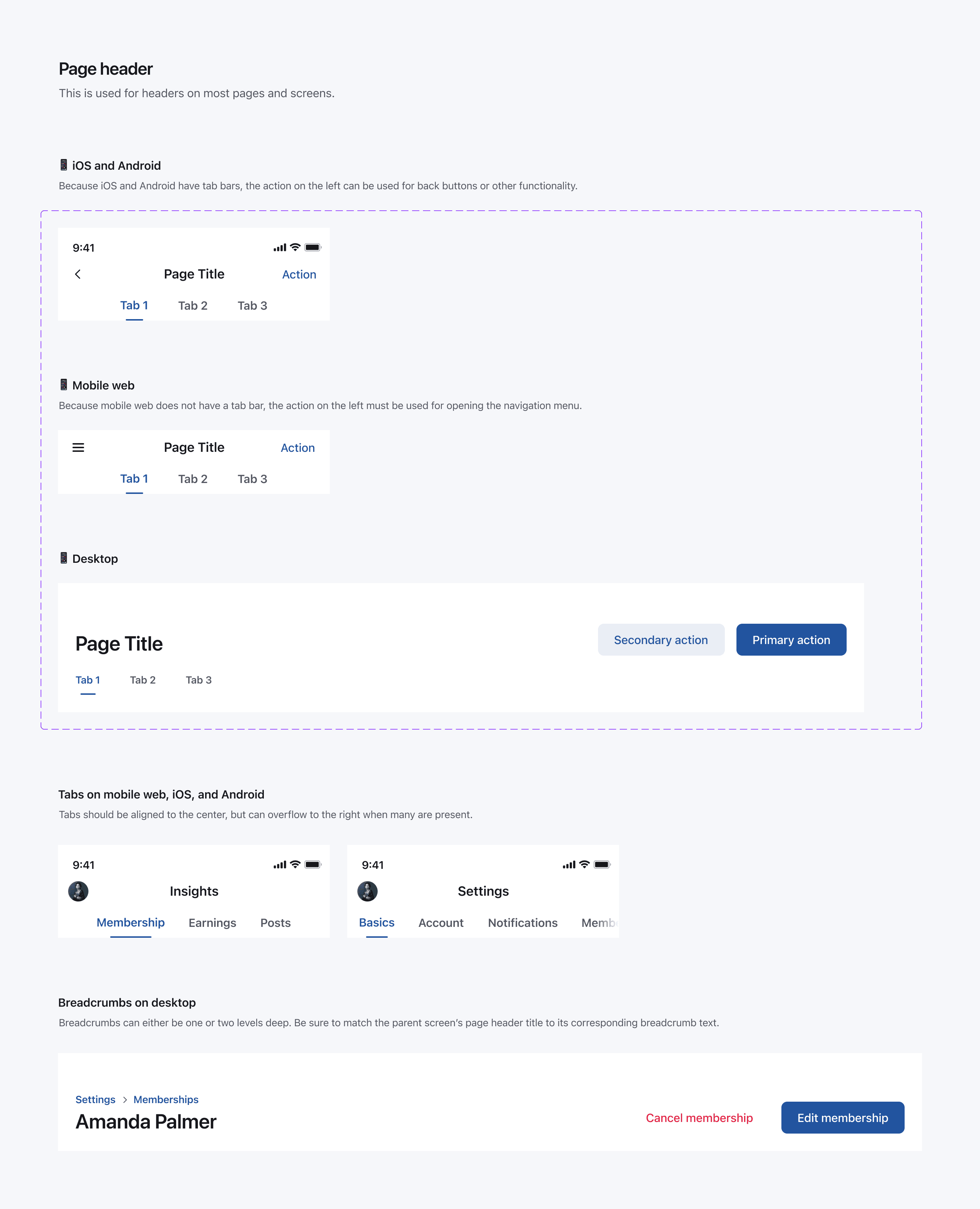 Screenshot of the page header component