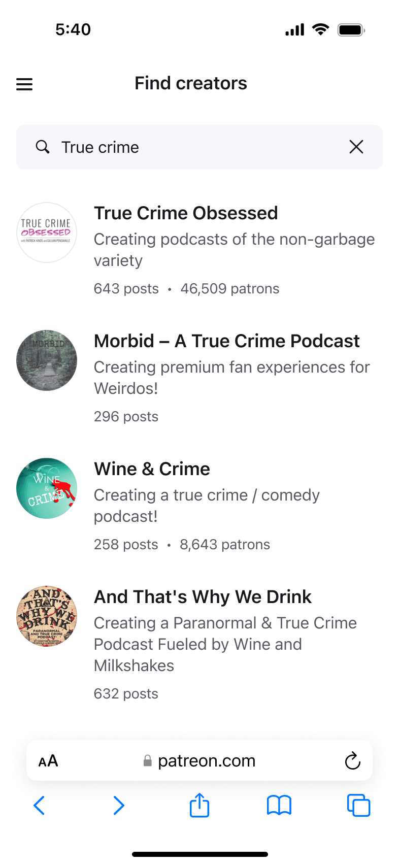 Screenshot of search results