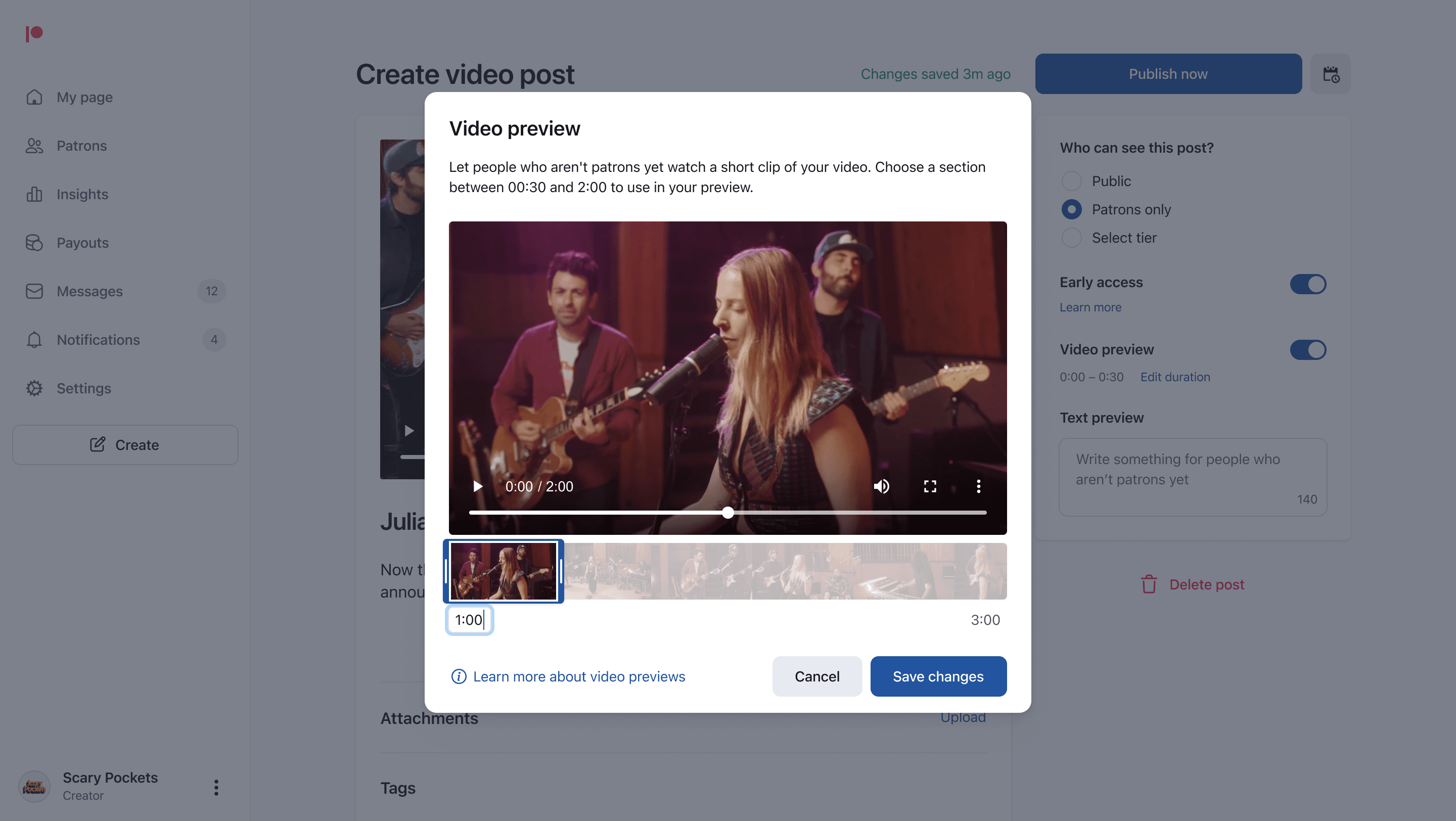 Screenshot of trimming a video preview for non-patrons
