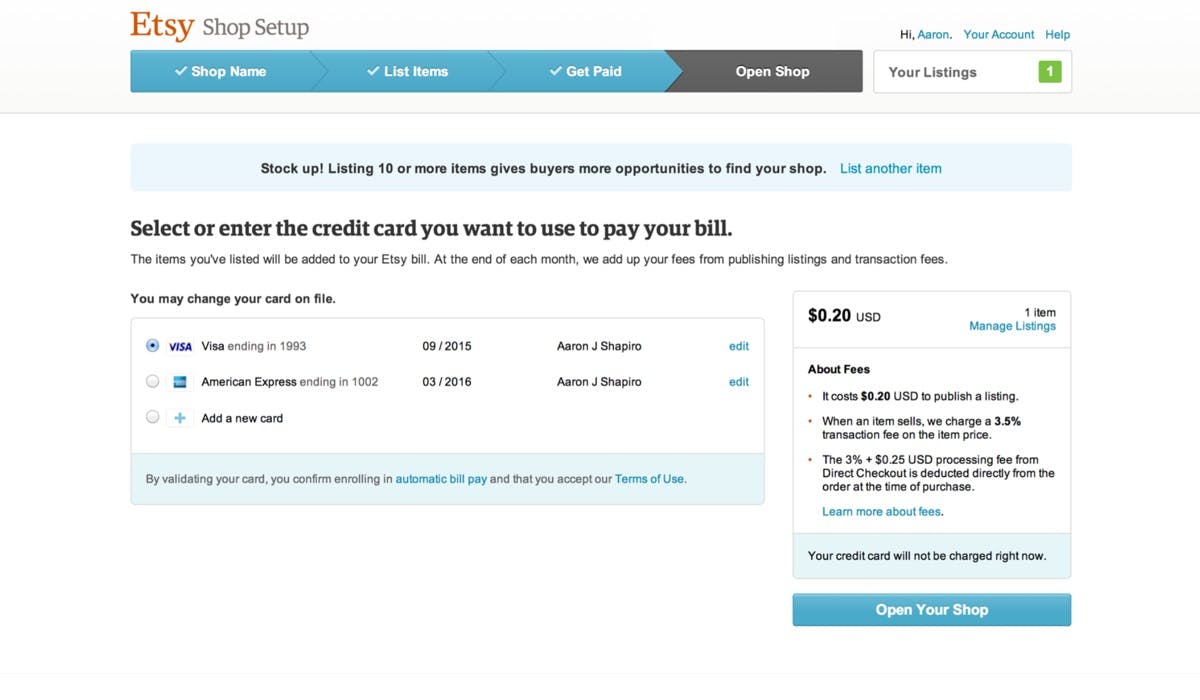 Screenshot of entering billing information during seller onboarding