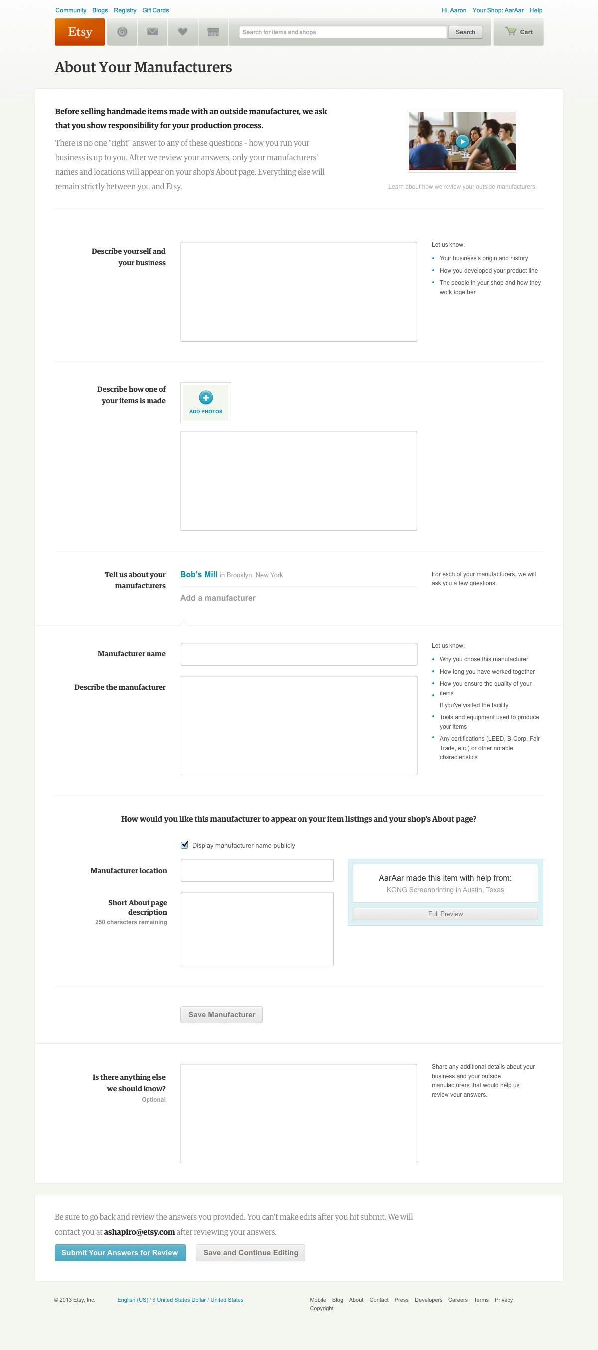 Screenshot of Etsy's manufacturing partner application form