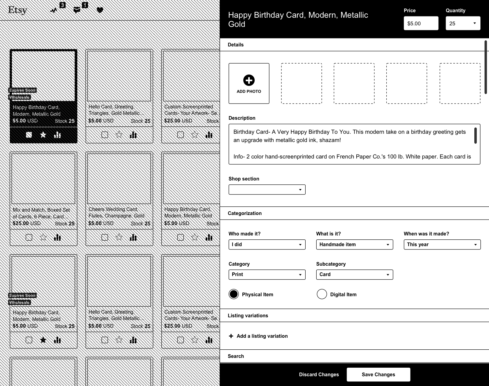 A wireframe for editing a listing in the new listings manager