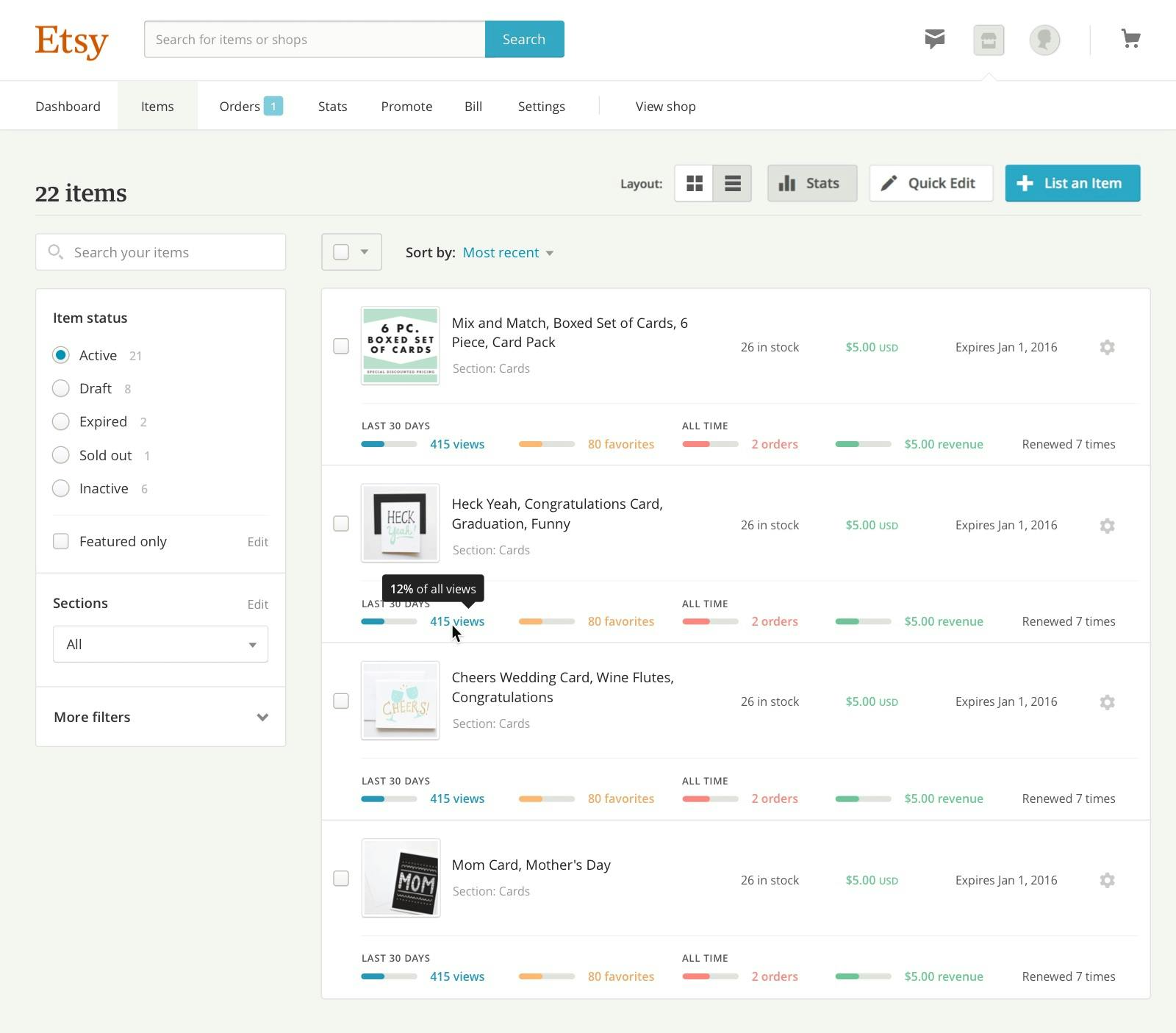 A mockup of the new listings manager with analytics