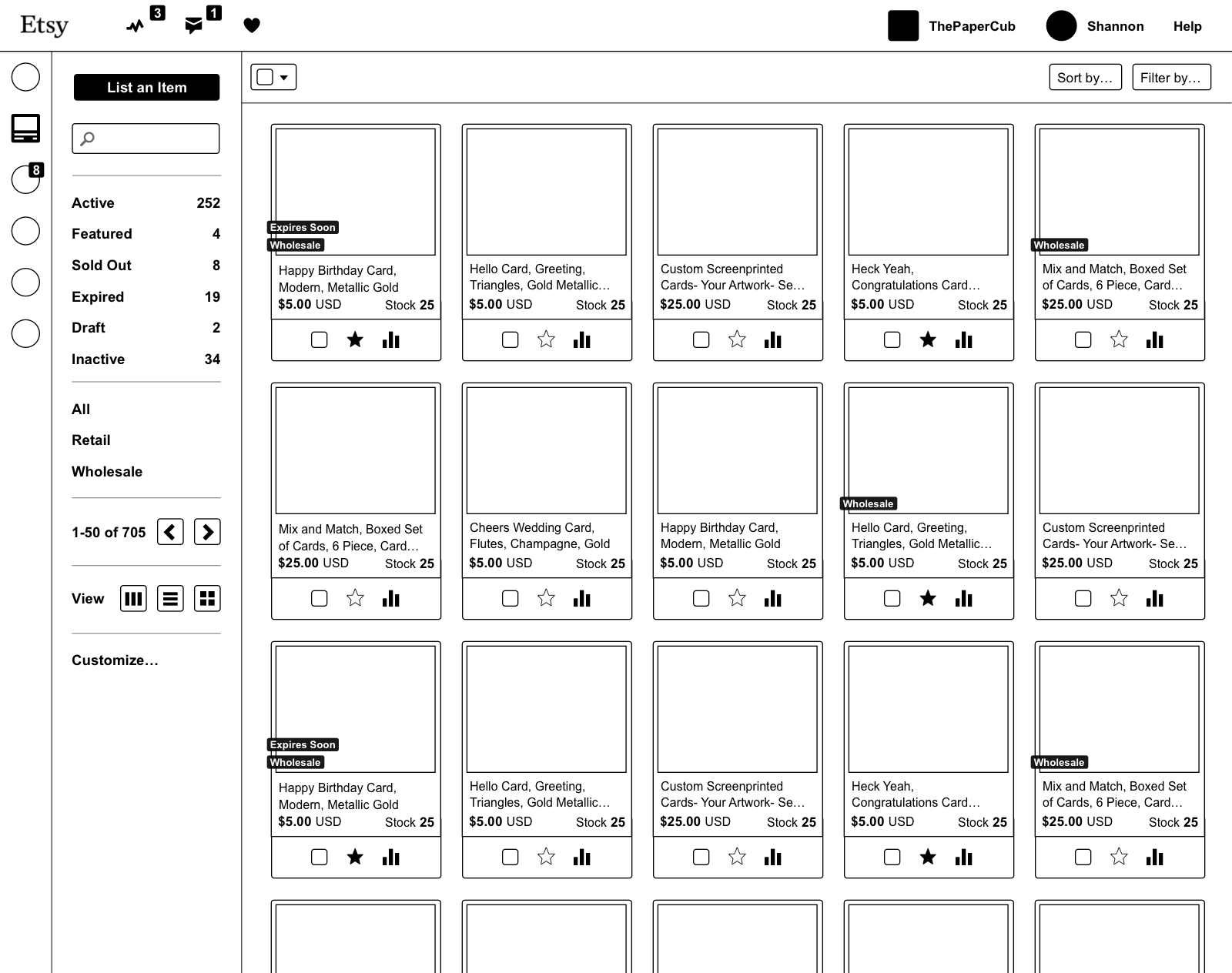 An early wireframe for the new listings manager