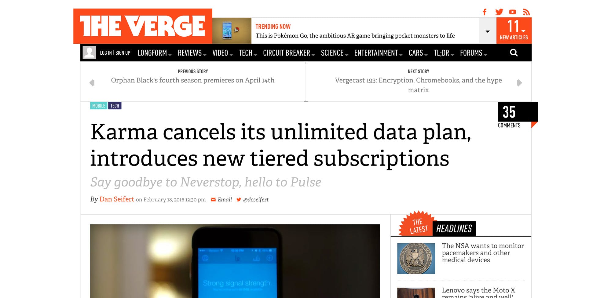 Screenshot of The Verge reporting on Neverstop's cancellation