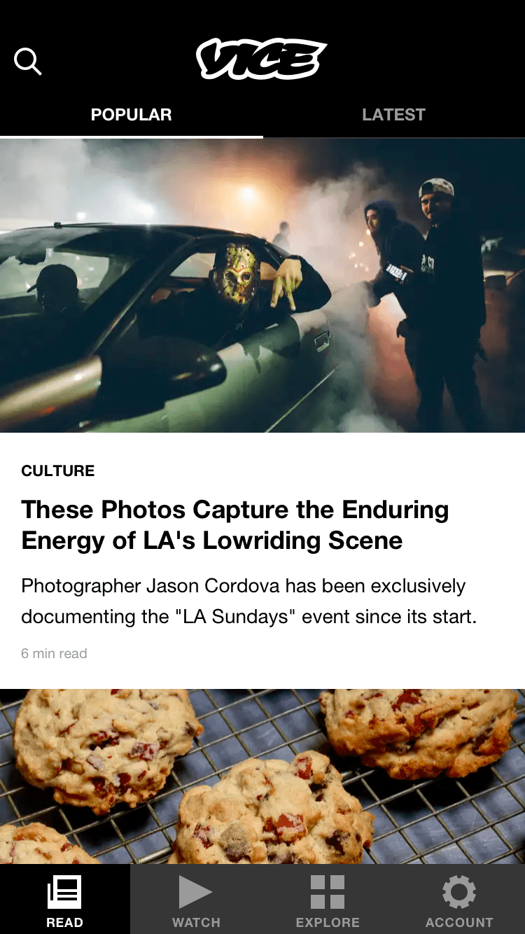 The landing screen on VICE's iOS app