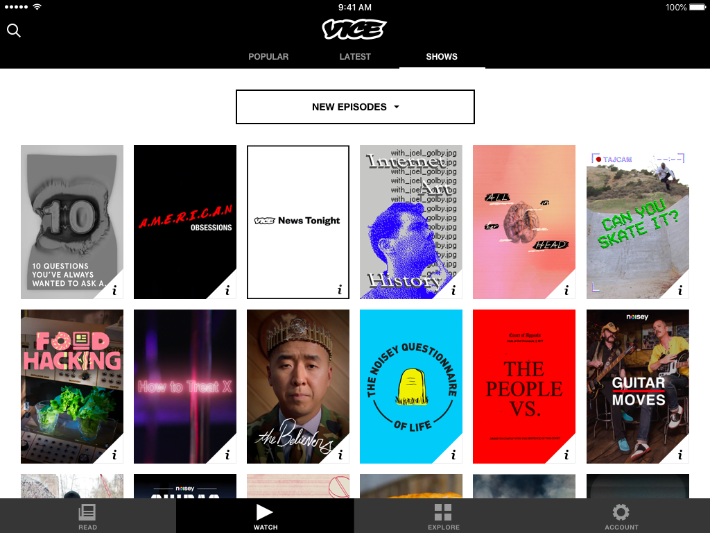 Shows on VICE's iPad app